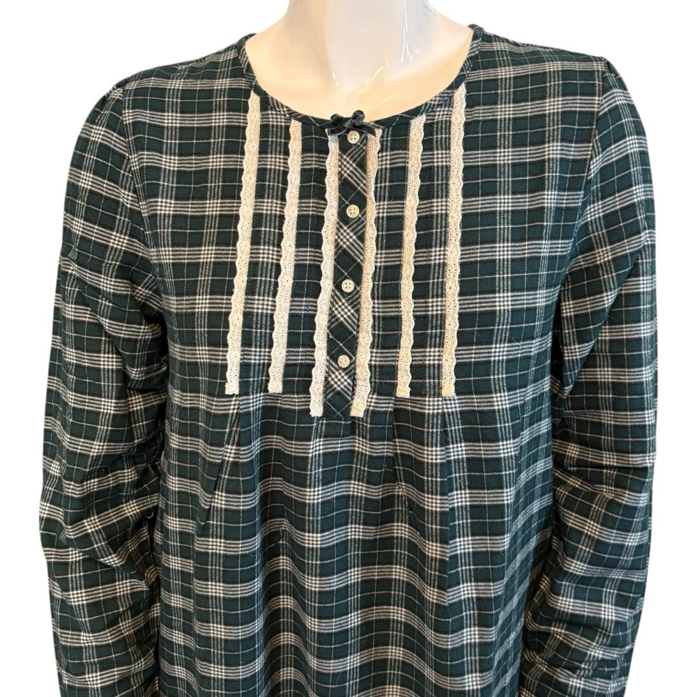 Charter Club Green Plaid Flannel Night Gown, M, Lace Trim - Picture 3 of 16